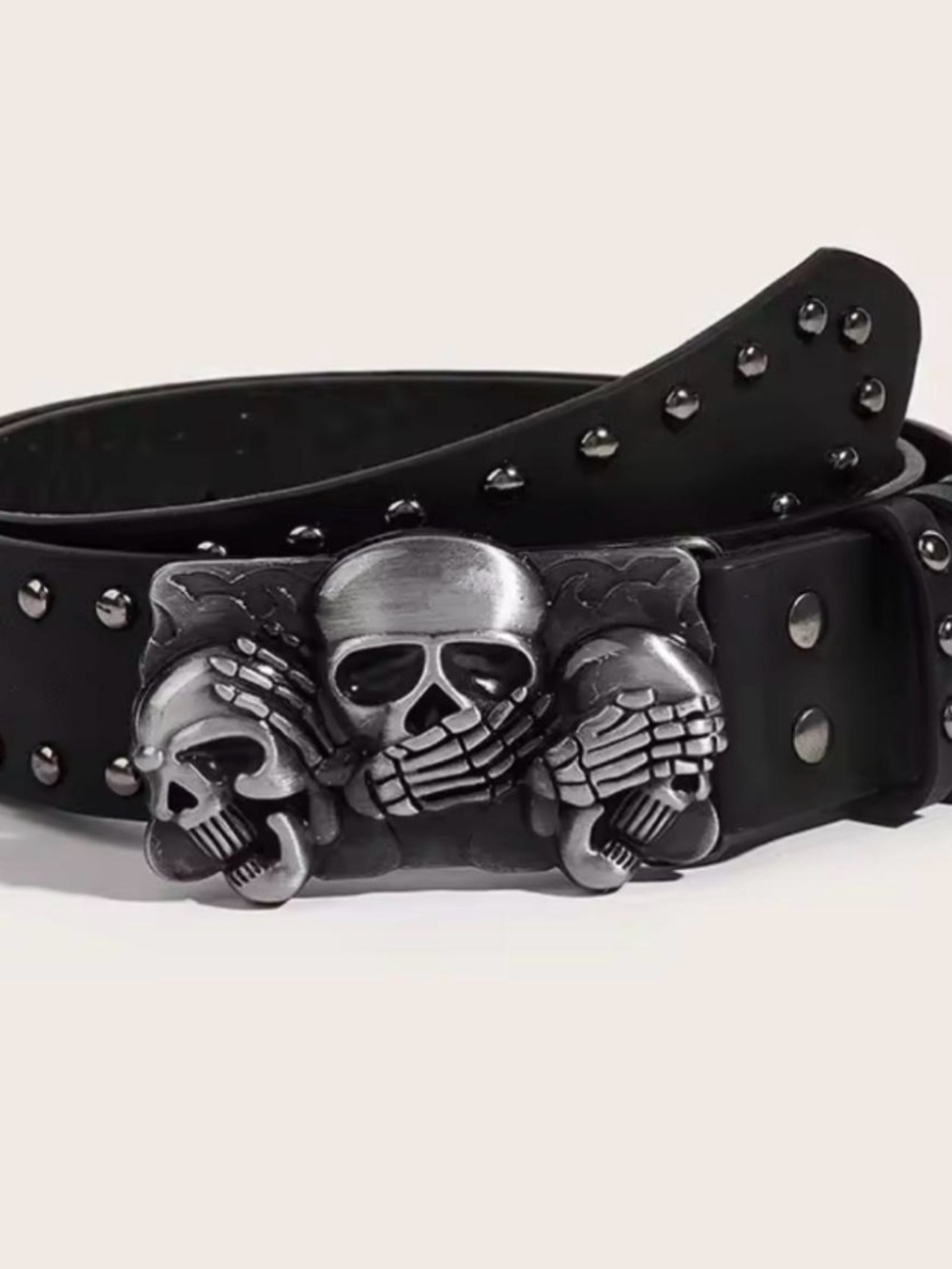 Black Studded Belt with Triple Skull Buckle - Gothic Men's Accessory